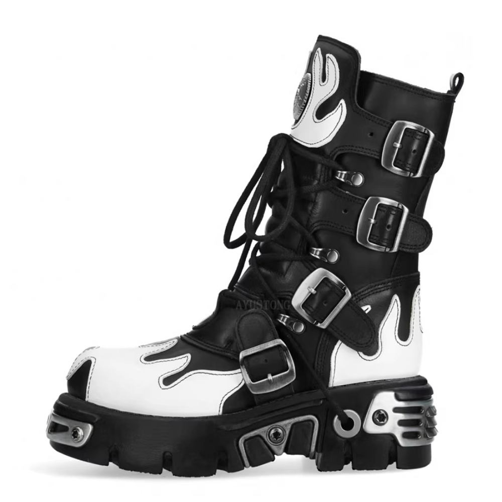 Women'S Fashion Riding Boots - รองเท้าบูทแฟชั่นใหม่สำหรับผู้ชาย ลายเปลวไฟ โลหะ กอธ หัวกะโหลก พังก์