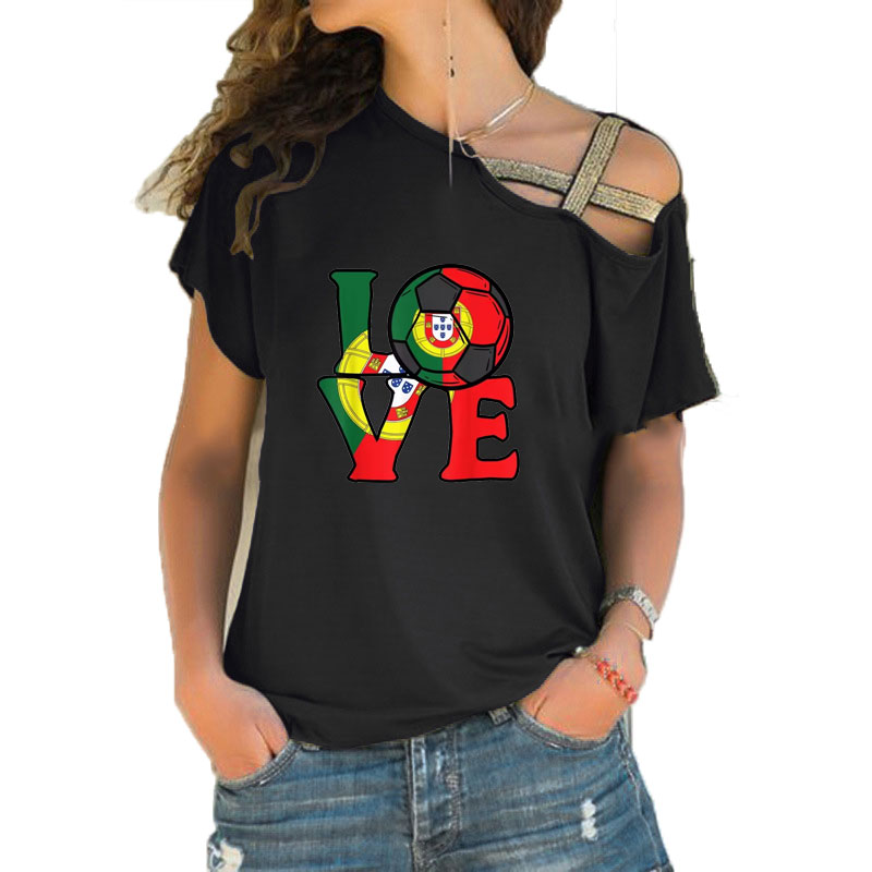Women'S Fashion Portugal - เสื้อยืดคอกว้างลายธงชาติโปรตุเกสสำหรับผู้หญิง เสื้อยืดลายธงฟุตบอล เสื้อยืดลำลองฤดูร้อน ทรงไม่สมมาตร สายไขว้