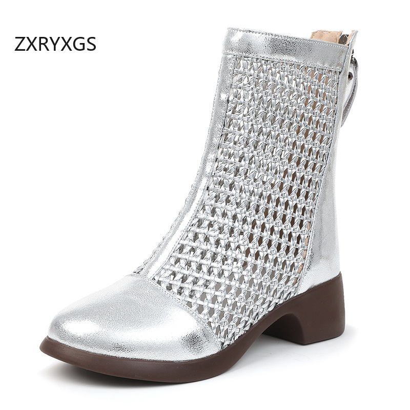 Women Fashion Youtube - ZXRYXGS 2026 รองเท้าบูทหนังวัวทอแบบโปร่ง ระบายอากาศได้ดี รองเท้าแตะไซส์ใหญ่ รองเท้าบูทแบบสวมใส่สบายสำหรับฤดูใบไม้ผลิและฤดูร้อน