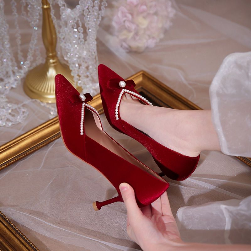 Women'S Fashion Quick Delivery - รองเท้าส้นสูงสีแดงเพิร์ลสุภาพสตรีปั๊มชี้ Toe โบว์รองเท้าผู้หญิงหนุ่มแฟชั่น 39 Elegant Quick