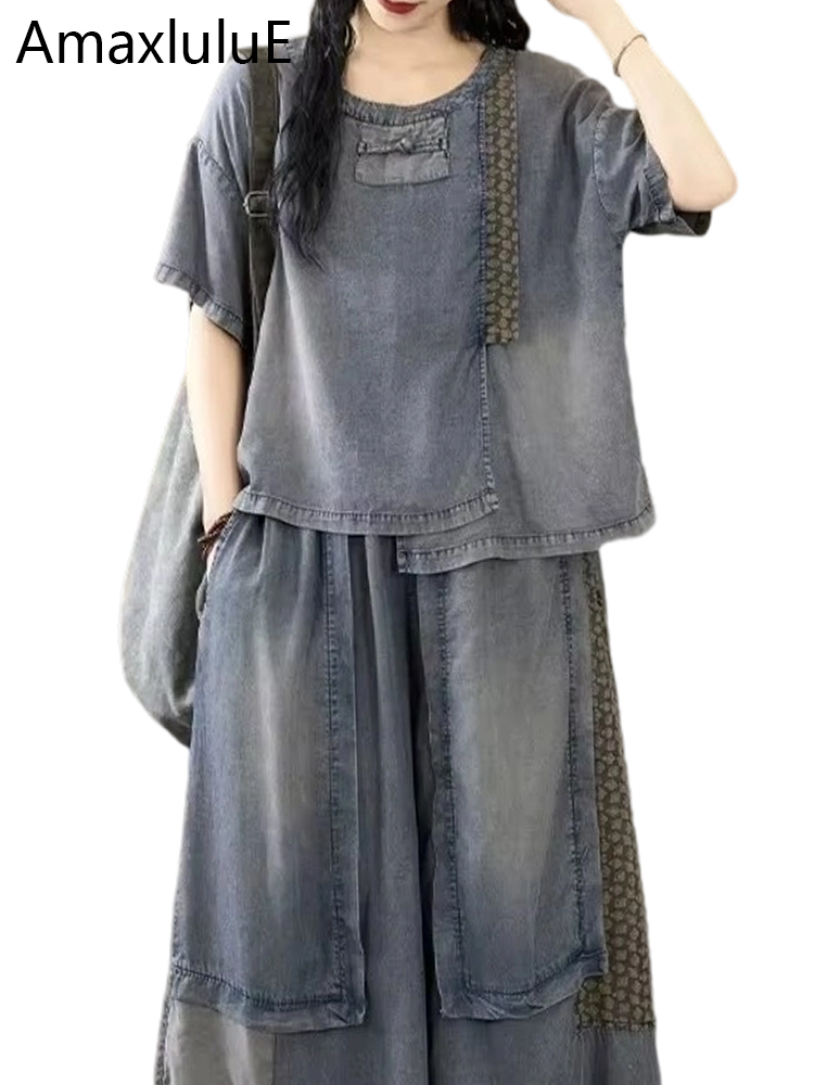 Women Fashion Jeans Top - Amax LuluE 2024 แฟชั่นจีนคลาสสิก 2 ชิ้นชุดผู้หญิงฤดูร้อนชุดลําลองOคอVINTAGEเสื้อหลวมกางเกงยีนส์กางเกงขากว้าง