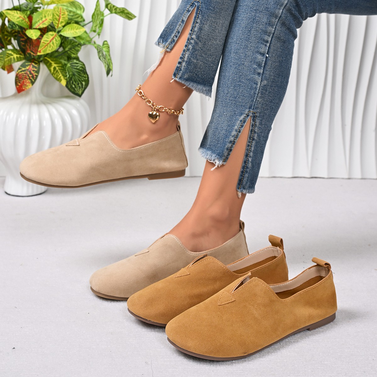 Women'S Fashion Quick Delivery - รองเท้าส้นเตี้ยสตรีแบบสวม หัวกลม ส้นเตี้ย หรูหรา คุณภาพสูง แฟชั่น