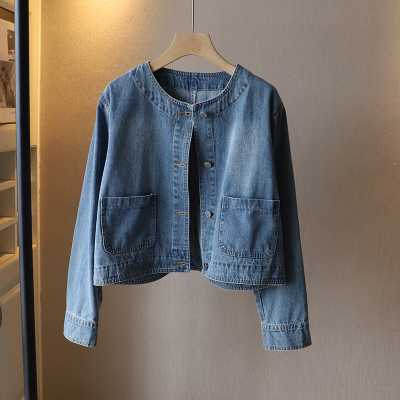 Women Fashion Jeans Top - เสื้อแจ็คเก็ตยีนส์คอโอ แฟชั่นสำหรับผู้หญิง เสื้อโค้ทสั้น สปริง/ออทัมน์ กระดุมแถวเดียว มีกระเป๋า