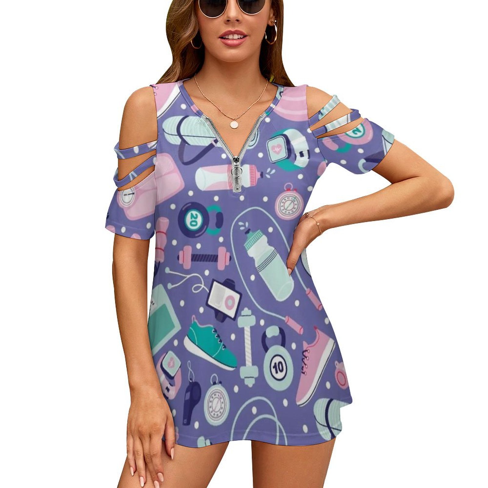 Women Fashion Vector - Get Fit เสื้อยืดผู้หญิงใหม่แฟชั่นพิมพ์ซิป V คอสั้นเสื้อ T