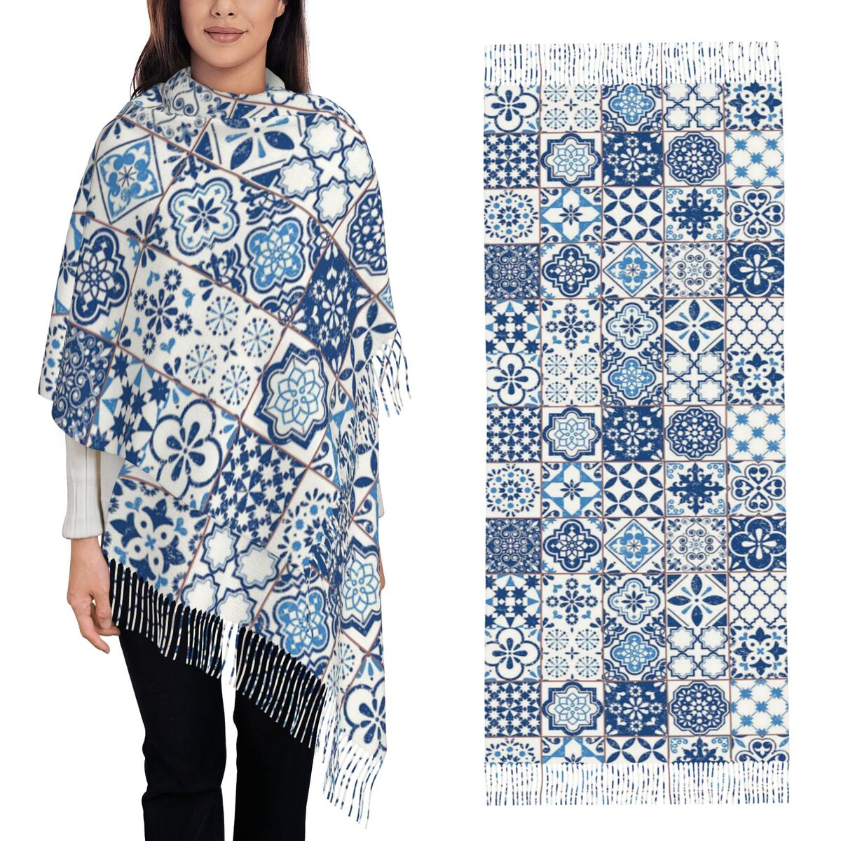 Women'S Fashion Portugal - ผ้าพันคอพิมพ์ลายกระเบื้องพอร์ตเกนต์สีน้ำเงิน ผ้าพันคอพู่ห้อยลายดอกไม้ ผ้าคลุมไหล่ผู้หญิงเนื้อนุ่ม อุ่นสบาย ผ้าคลุมไหล่ขนาดใหญ่สำหรับฤดูใบไม้ร่วงและฤดูหนาว