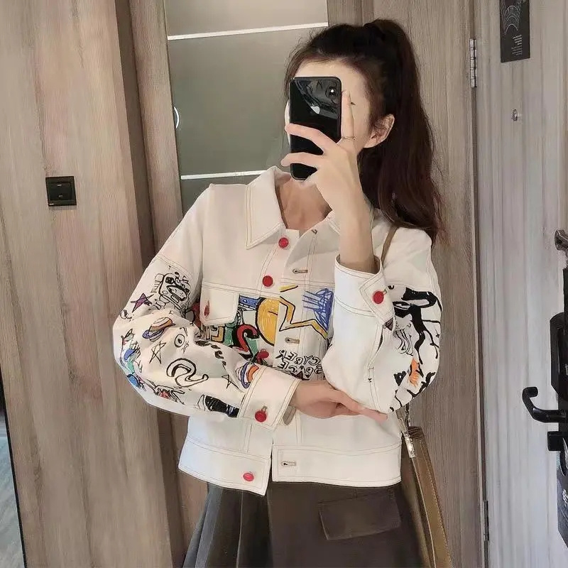 Women Fashion Jeans Top - หญิงเกาหลีแฟชั่นคาวบอยเสื้อ Outwear 2025 ผู้หญิงพิมพ์ DENIM แจ็คเก็ตฤดูใบไม้ผลิฤดูใบไม้ร่วงสุภาพสตรีแขนยาวกางเกงยีนส์