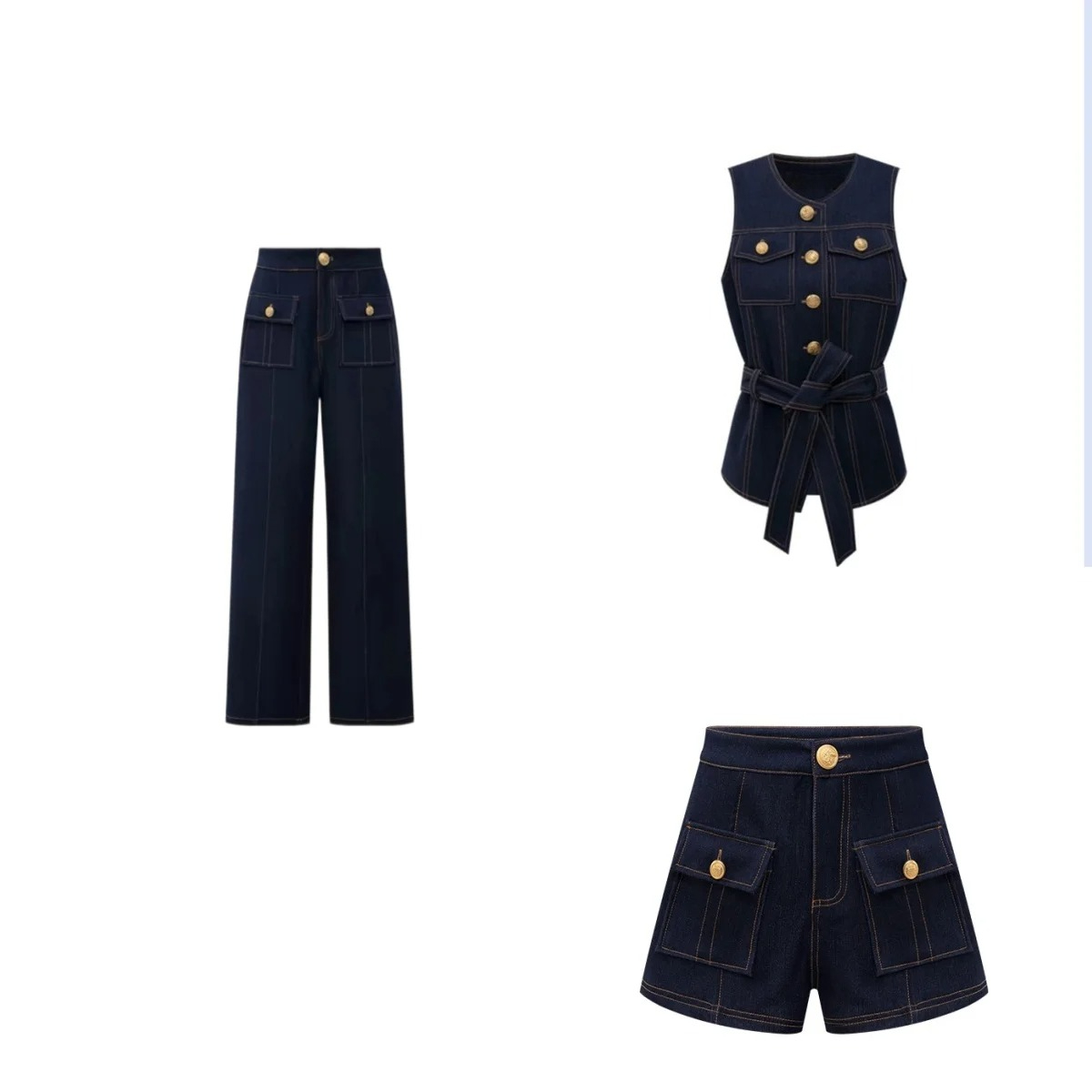 Women Fashion Jeans Top - ชุดแฟชั่นสไตล์ Y2K 2026 เสื้อกั๊กยีนส์ทรงเรโทรแบบติดกระดุม กางเกงขาสั้น กางเกงขายาว