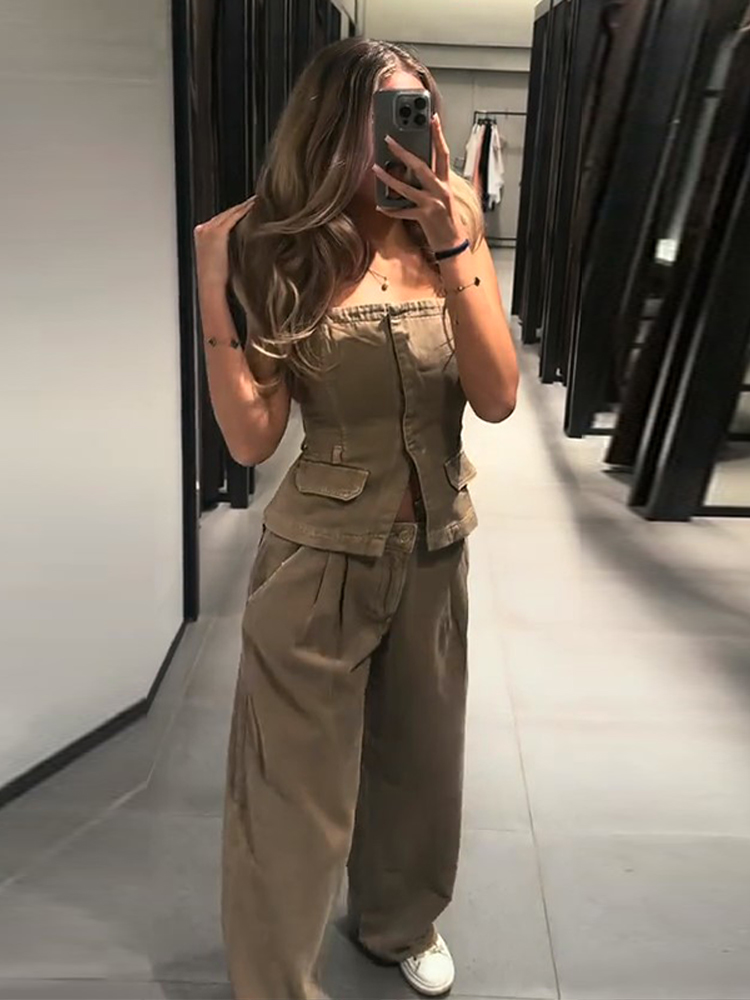 ชุดเซ็ตเสื้อกั๊กครอปและกางเกงย - Women Fashion Jeans Top บทวิจารณ์และราคา