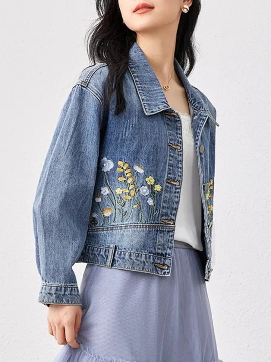แจ็กเก็ตสั้นผ้ายีนส์ปักลายดอกไ - Women Fashion Jeans Top บทวิจารณ์และราคา