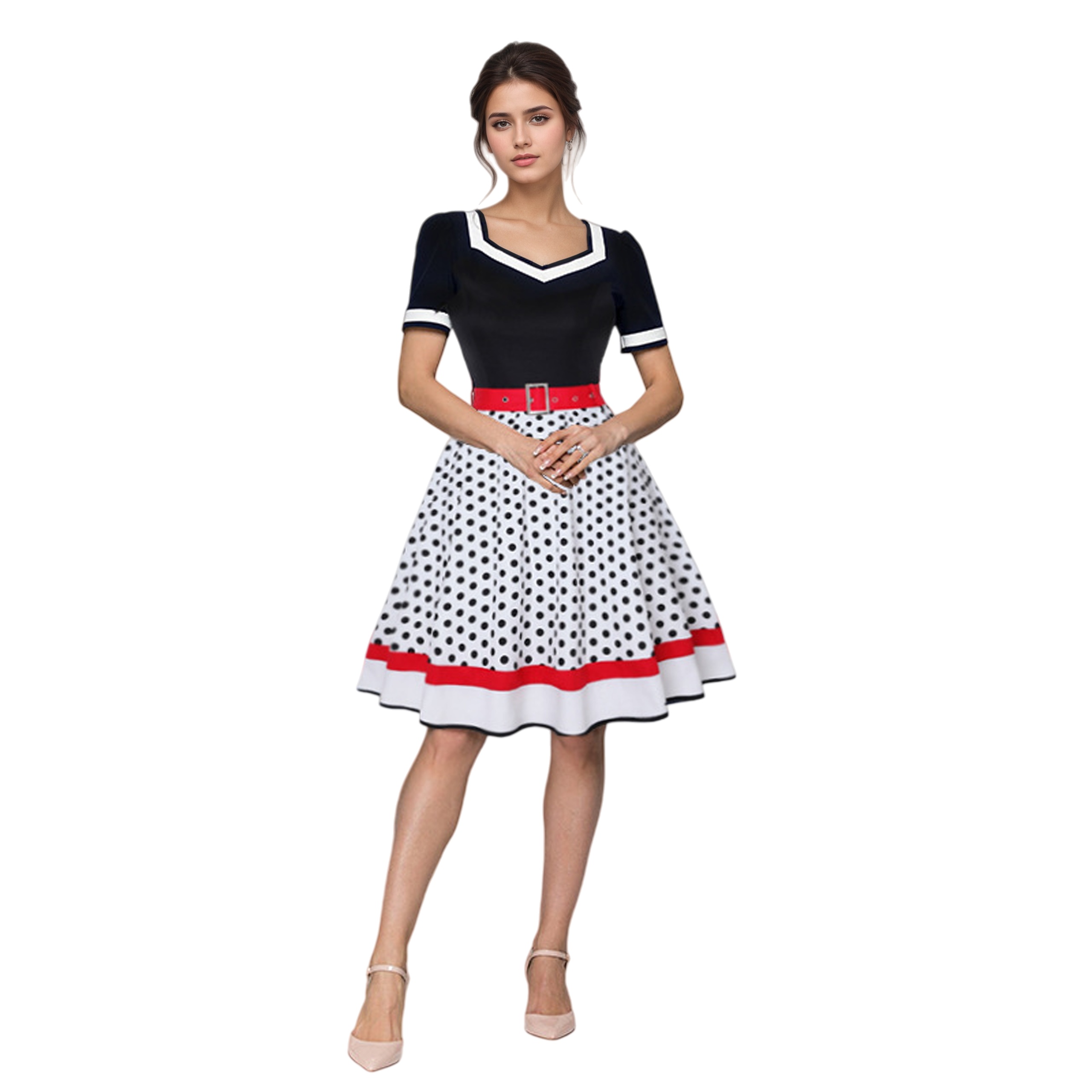 เดรสวินเทจคอวีแขนสั้นทรงสวิงสไ - Women'S Fashion Of The 50S บทวิจารณ์และราคา