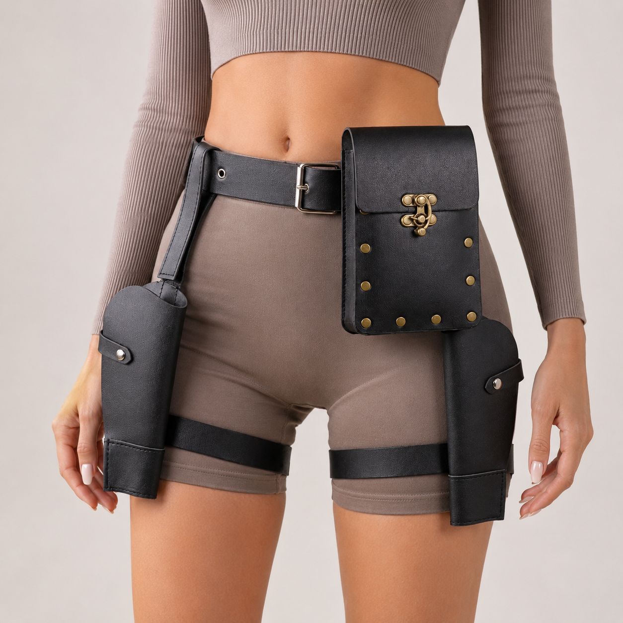 ชุดเข็มขัดหนัง PU สีดำและกระเป - Women'S Fashion Utility Belt บทวิจารณ์และราคา